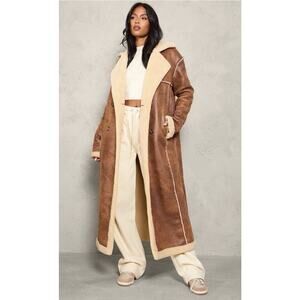 NWT PrettyLittleThing Tall Faux Shearling Suede Maxi Coat Brown Cream US 6